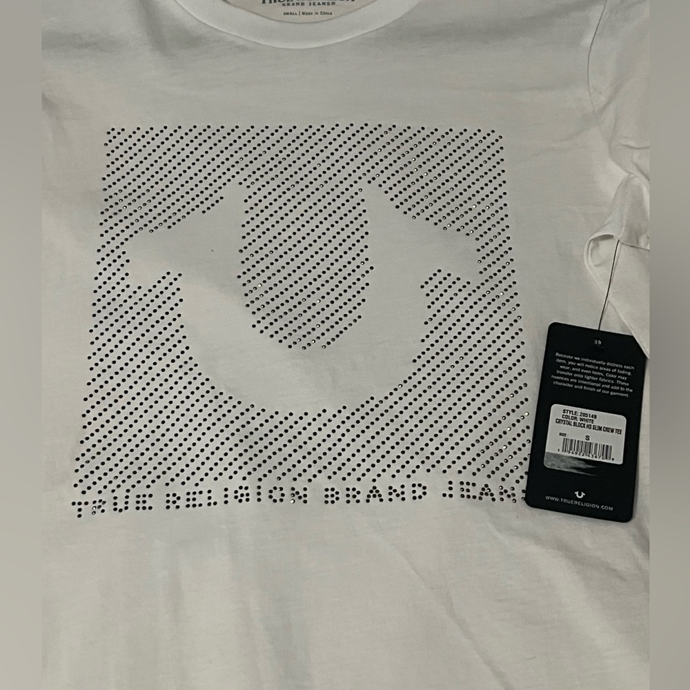True Religion white crew tee with black crystals size small /slim fit